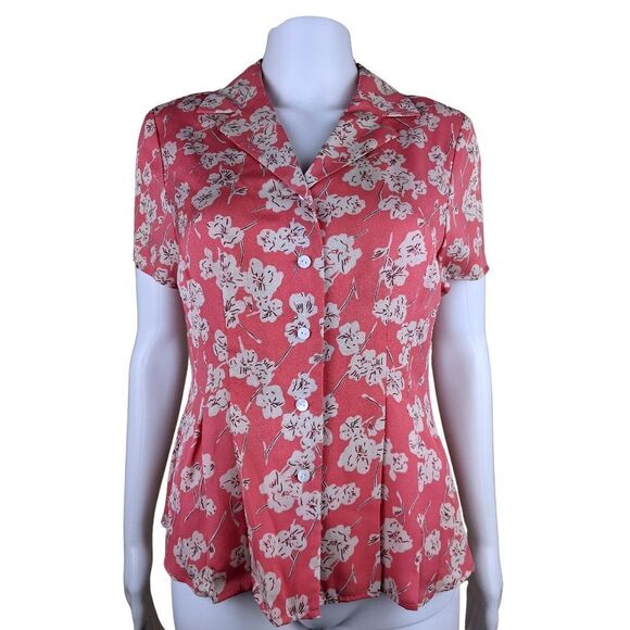 Statements by Danielle 8P Vintage Coral Pink Button Up Floral 100% Silk Blouse - Picture 1 of 8